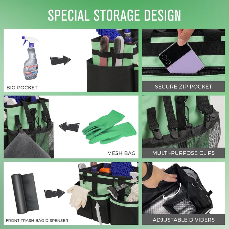 SCAVATA Wearable Cleaning Caddy, Cleaning Caddy Supplies Organizer with Handle & Shoulder Straps for Housekeepers, Under Sink & Car Cleaning Tool Organizers Bag with 4 Foldable Divider (MintGreen) - Image 3
